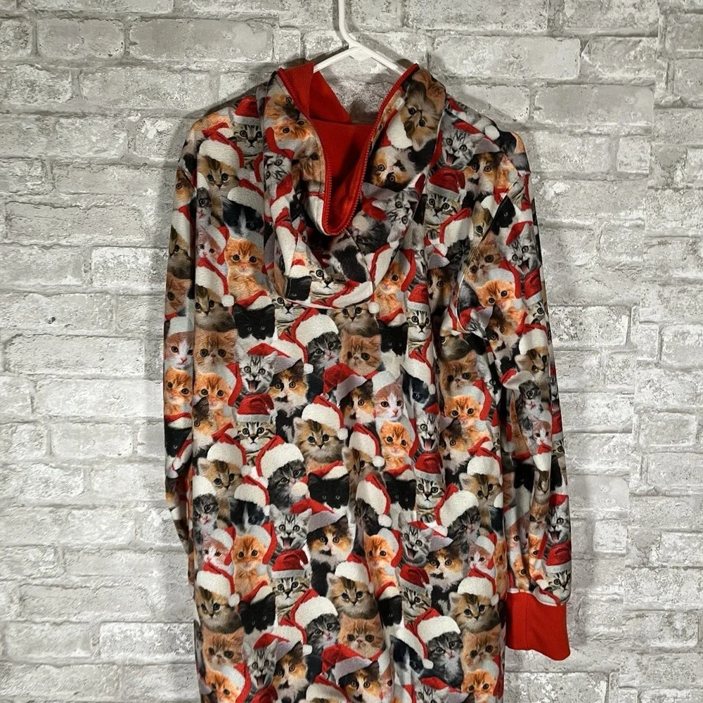 Tipsy Elves Meowy Catmus Jumpsuit Mens Medium Unisex All Over Print Cats Hooded